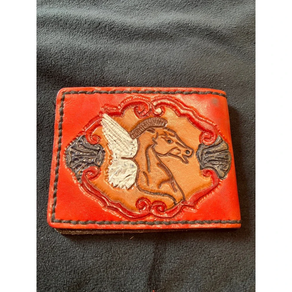 Vintage Bifold Wallet Mens OS Red Tooled Leather Pegasus Handcrafted Western